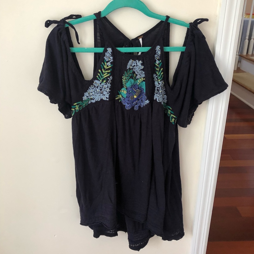 Navy Blue Cold Shoulder Free People Top with Floral Embroidery Detail